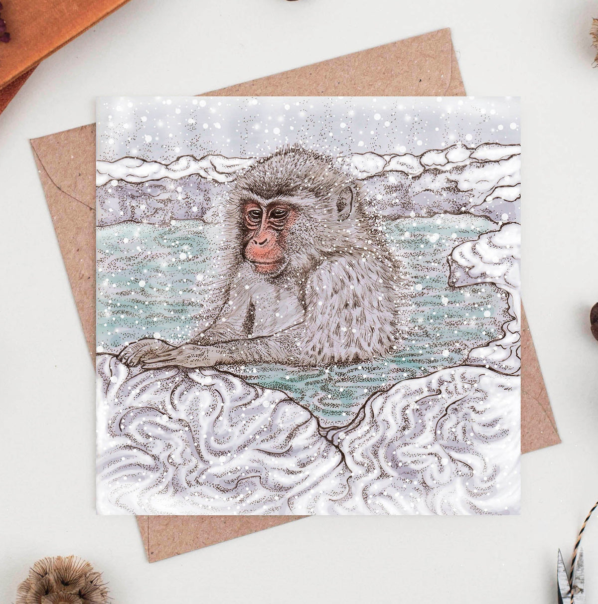 Snow Monkey Hot Spring Japan Hand Drawn Blank Greeting Card