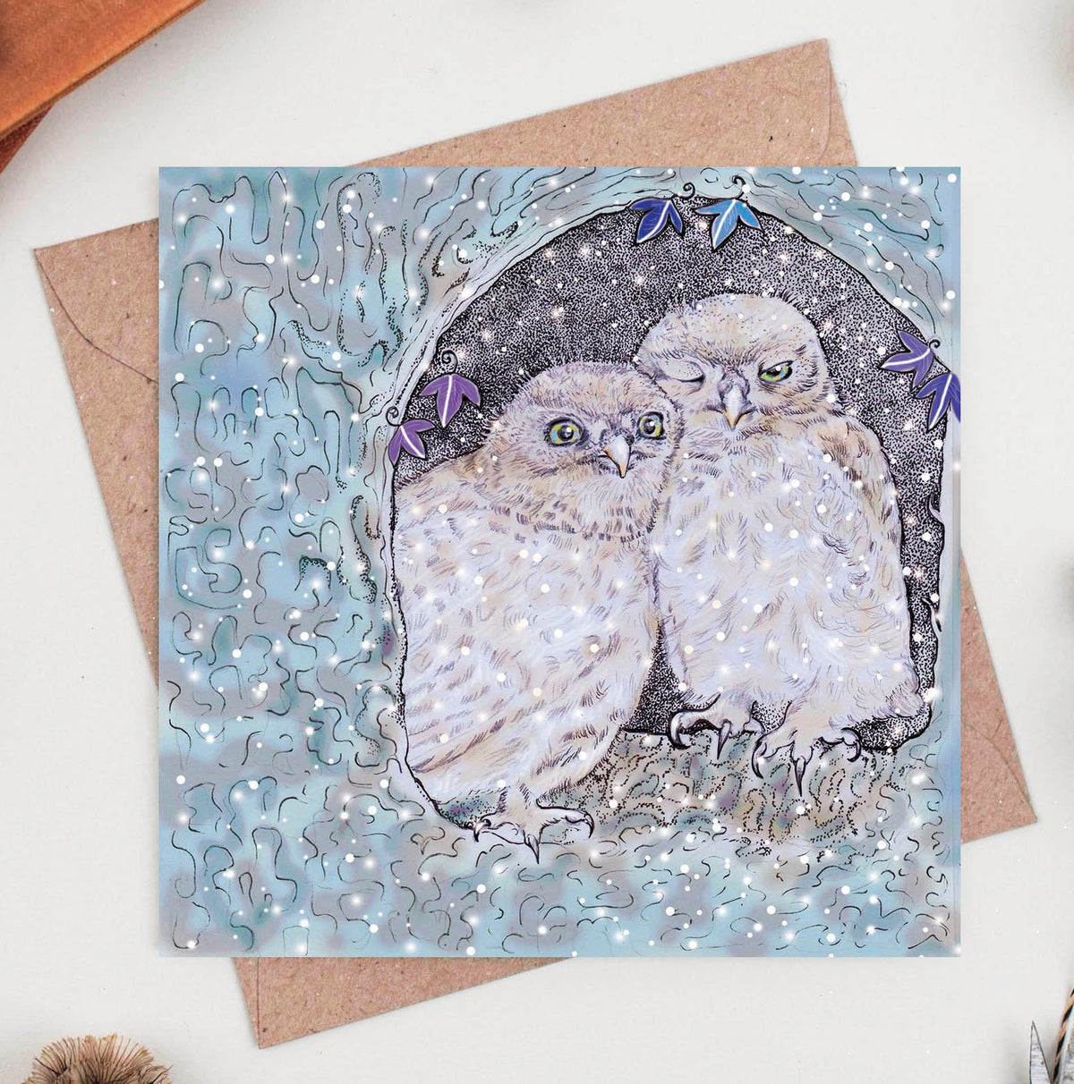 Snuggling Owls Couple Christmas Cute Blank Greeting Card