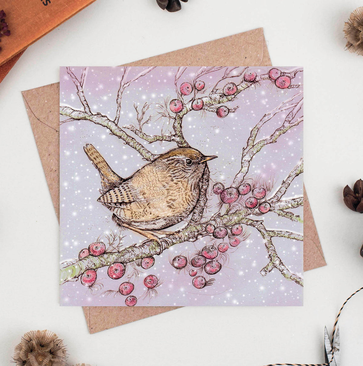 Wren and Berries Christmas Winter Art Blank Greeting Card