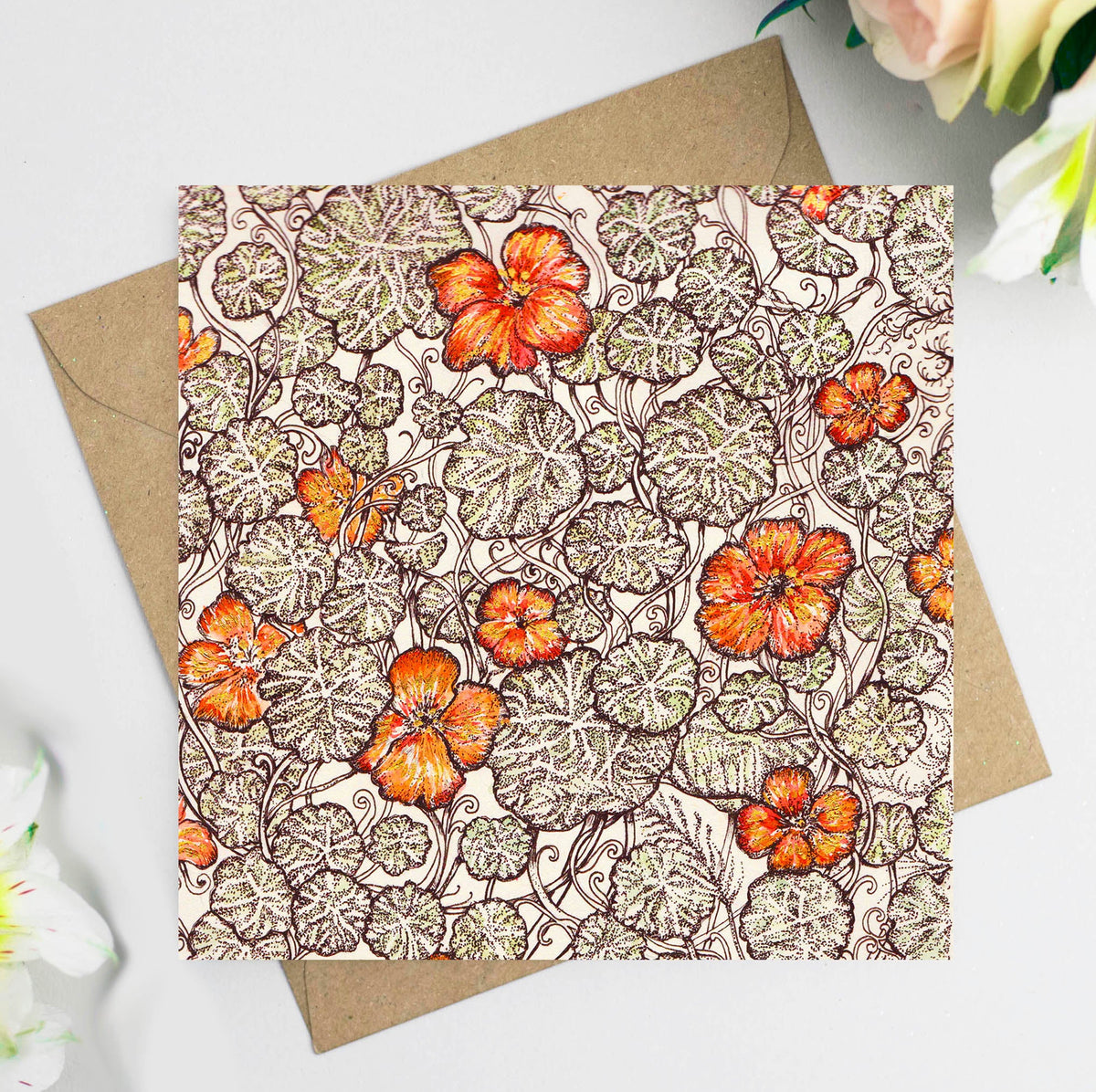 Nasturtium Salad Hand Drawn Floral Blank Art Greeting Card