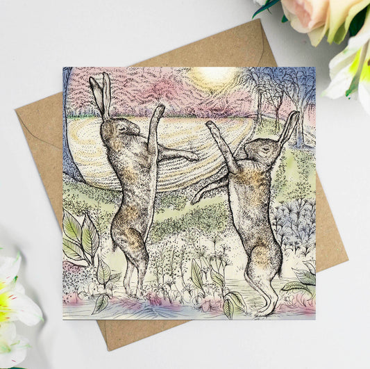 Hare Fight Hand Drawn Art Blank Wildlife Greeting Card