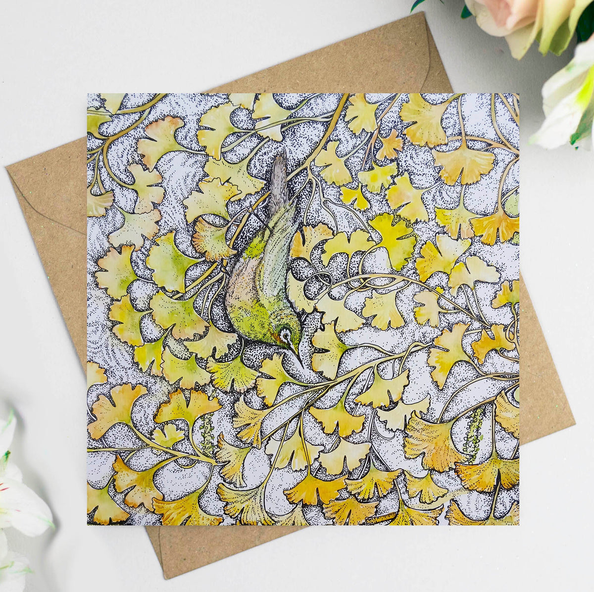 Japanese White Eye Bird Hand Drawn Blank Art Greeting Card