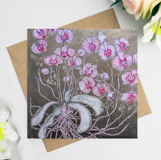 Large Orchid Hand Drawn Art Blank Floral Greeting Card