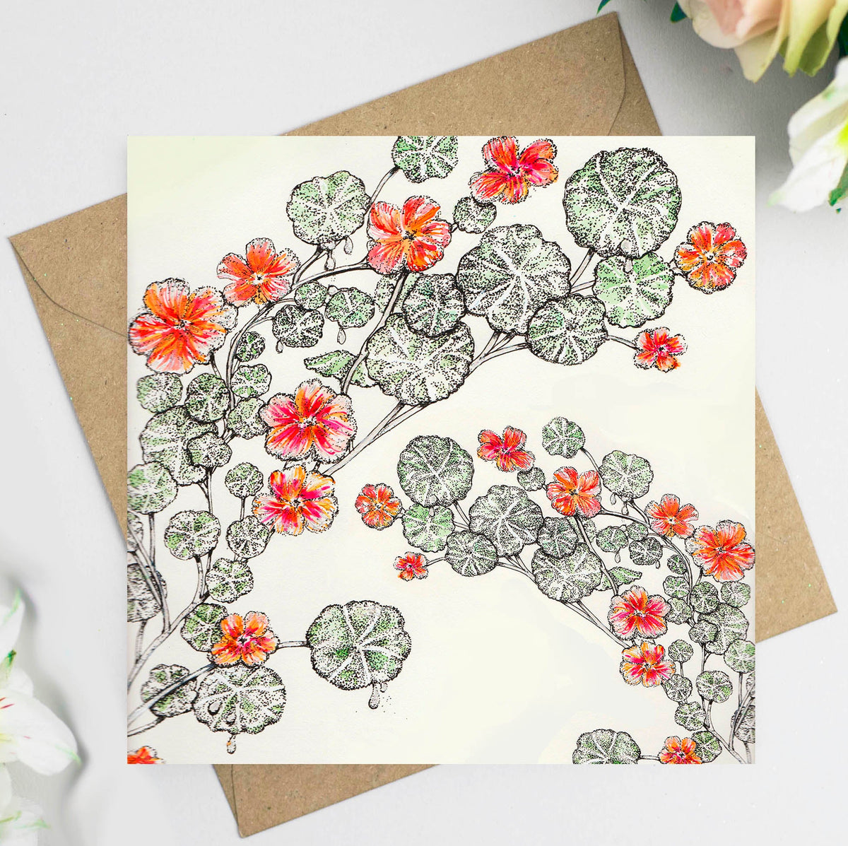 Nasturtiums Rain Hand Drawn Floral Blank Art Greeting Card