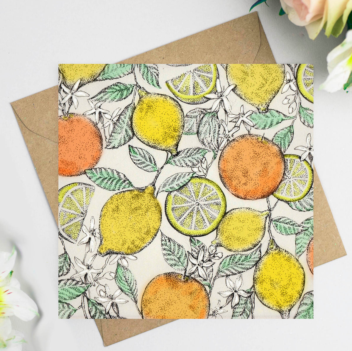 Oranges Lemons Hand Drawn Art Blank Fruit Greeting Card