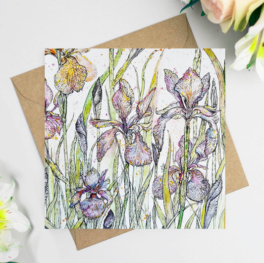 Watercolour Irises Hand Drawn Blank Art Greeting Card