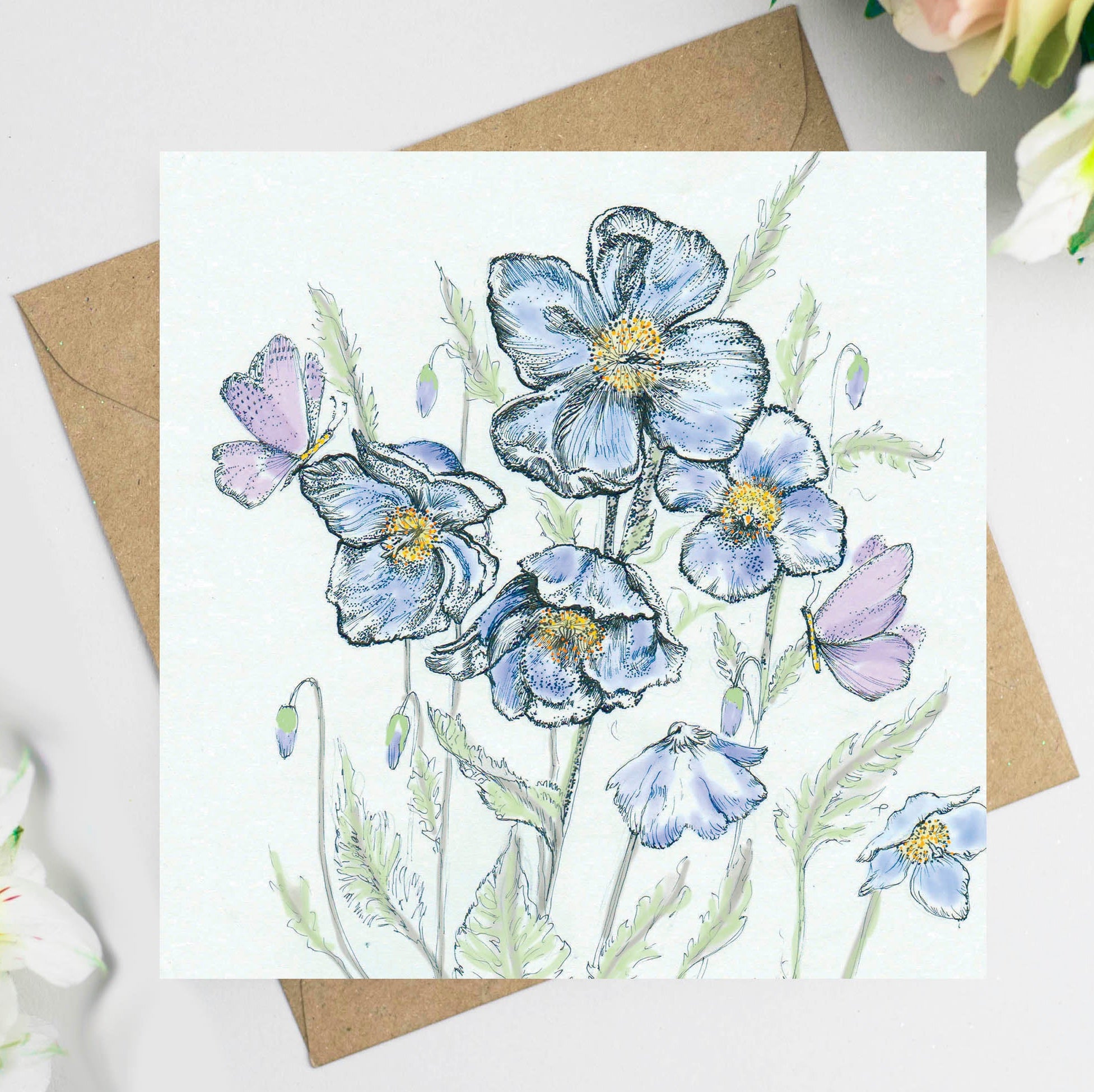 Blue Poppy Hand Drawn Floral Butterfly Blank Greeting Card – Fay's Studio