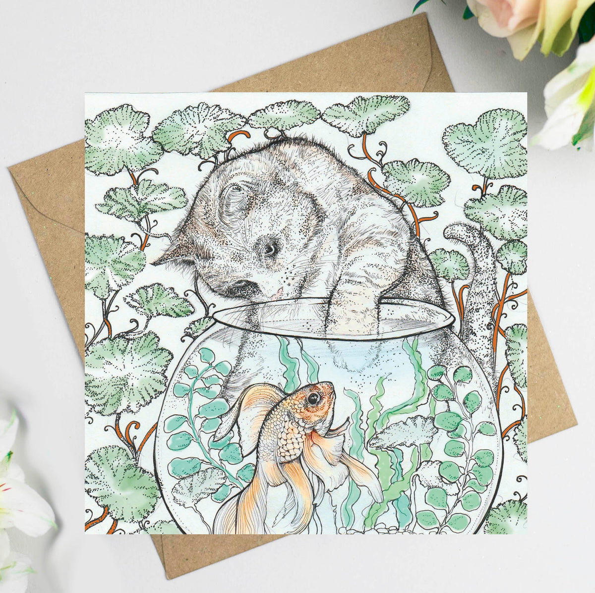 Cat and Goldfish Hand Drawn Art Blank Greeting Card