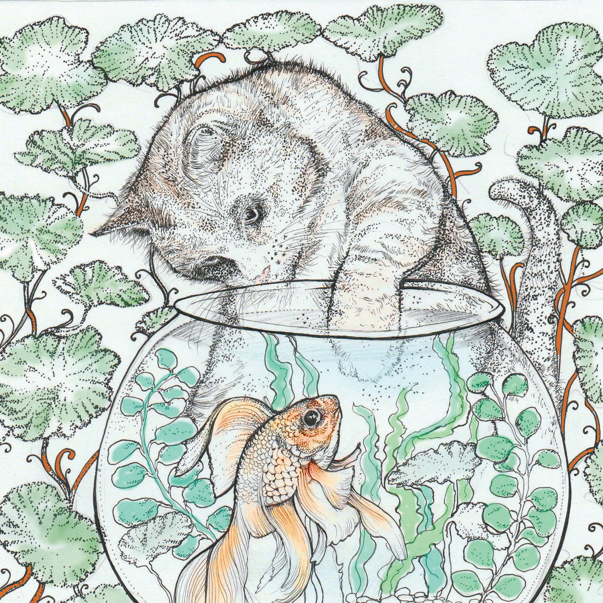 Cat and Goldfish Hand Drawn Art Blank Greeting Card