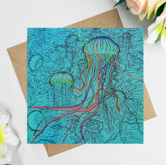 Jellyfish Hand Drawn Art Blank Ocean Sea Greeting Card