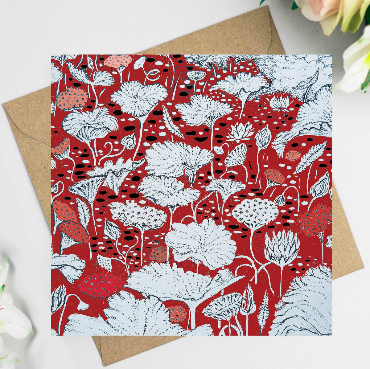 Lotus Pond Hand Drawn Art Blank Floral Greeting Card