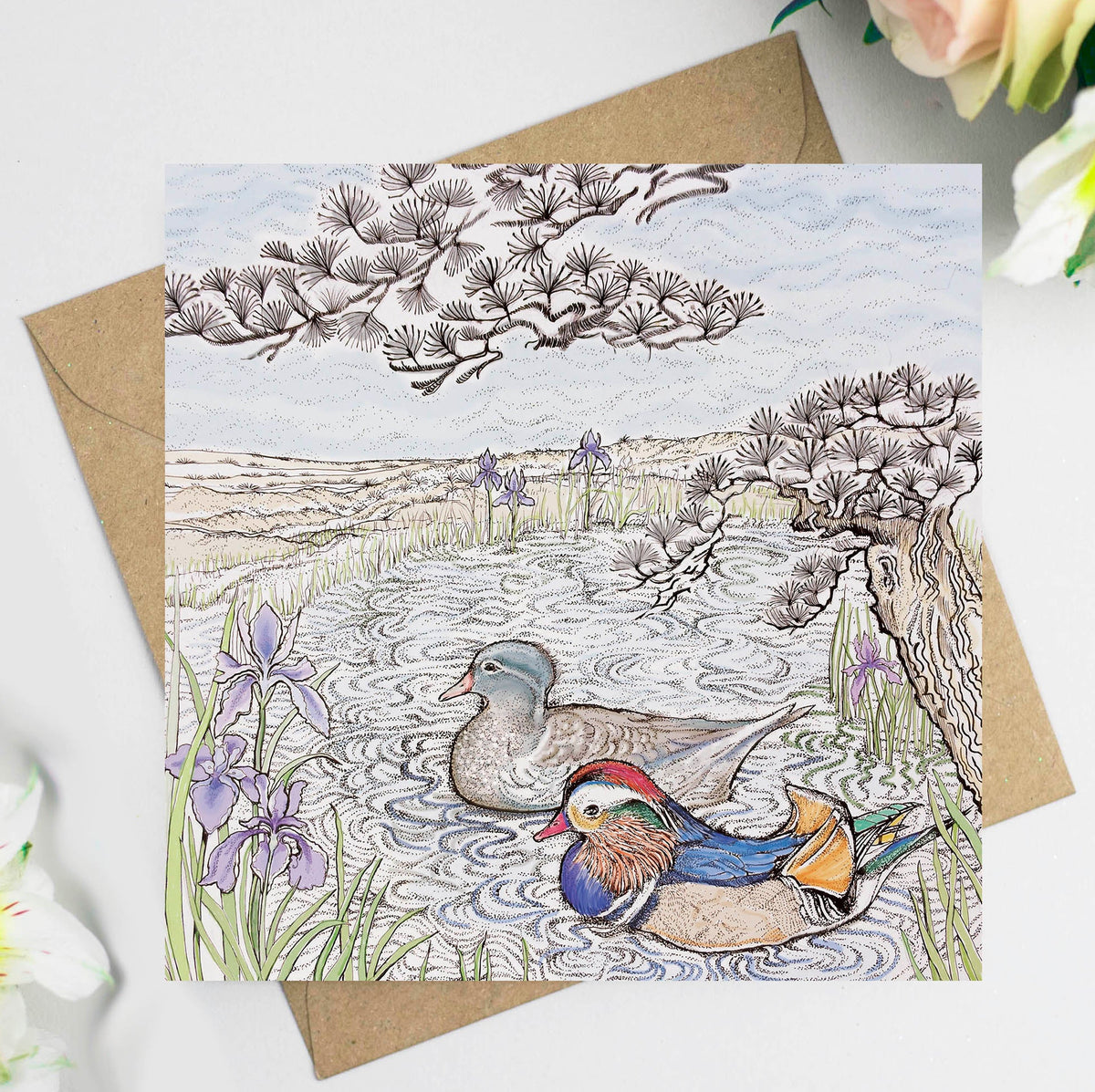 Mandarin Pair Hand Drawn Couple Bird Blank Greeting Card