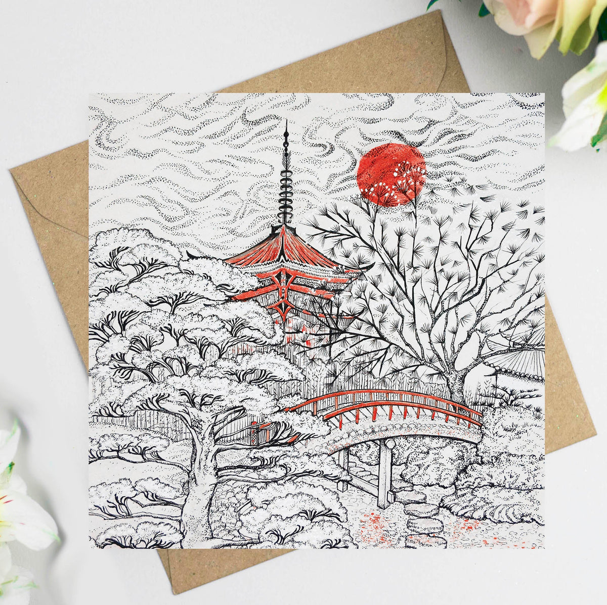 Red Pagoda Japan Hand Drawn Art Blank Greeting Card