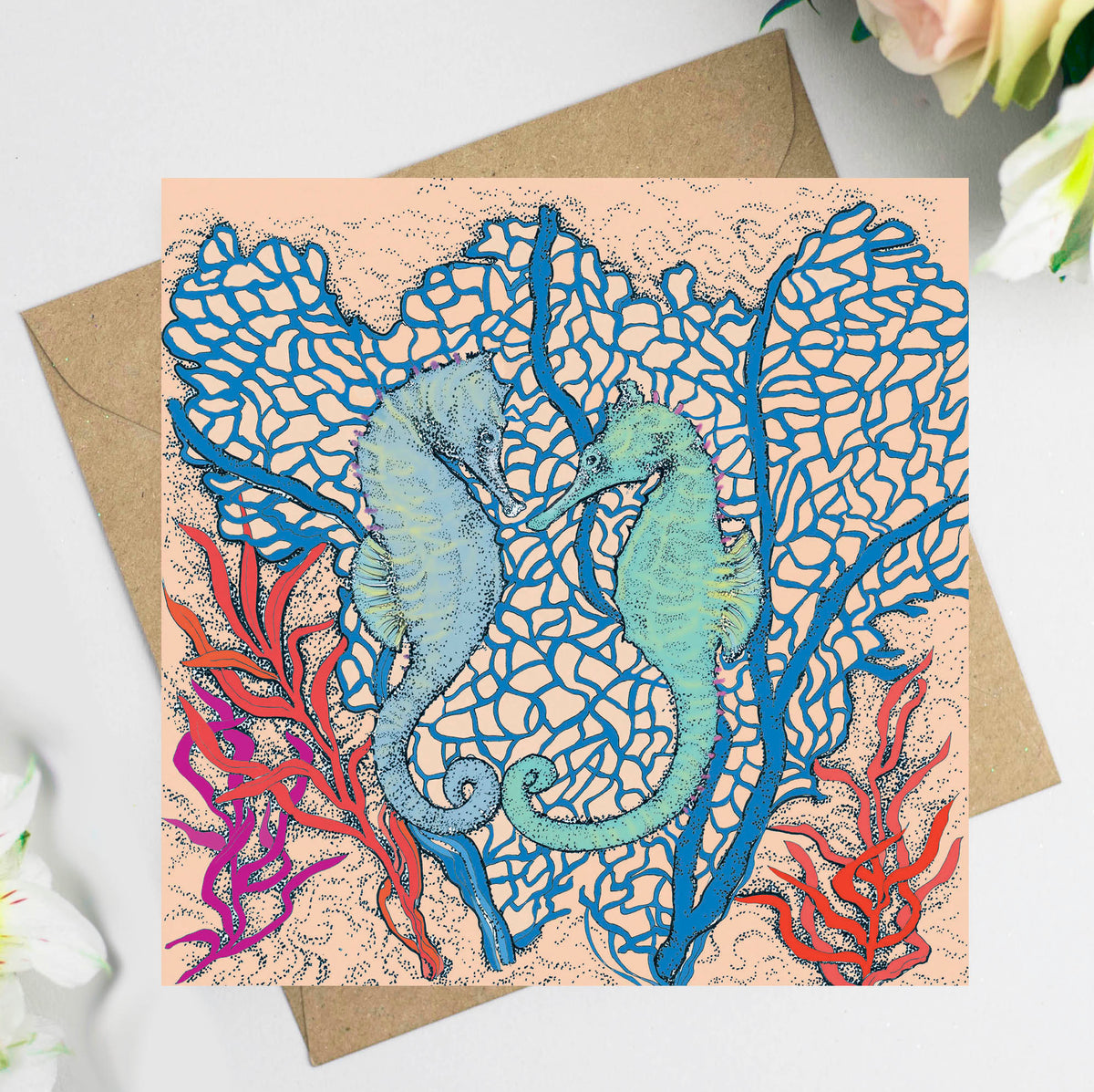 Seahorse Couple Coral Hand Drawn Art Blank Greeting Card