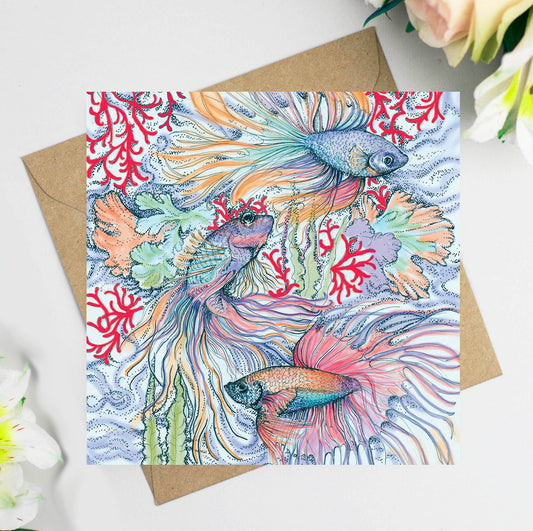 Siamese Fighting Fish Hand Drawn Blank Art Greeting Card