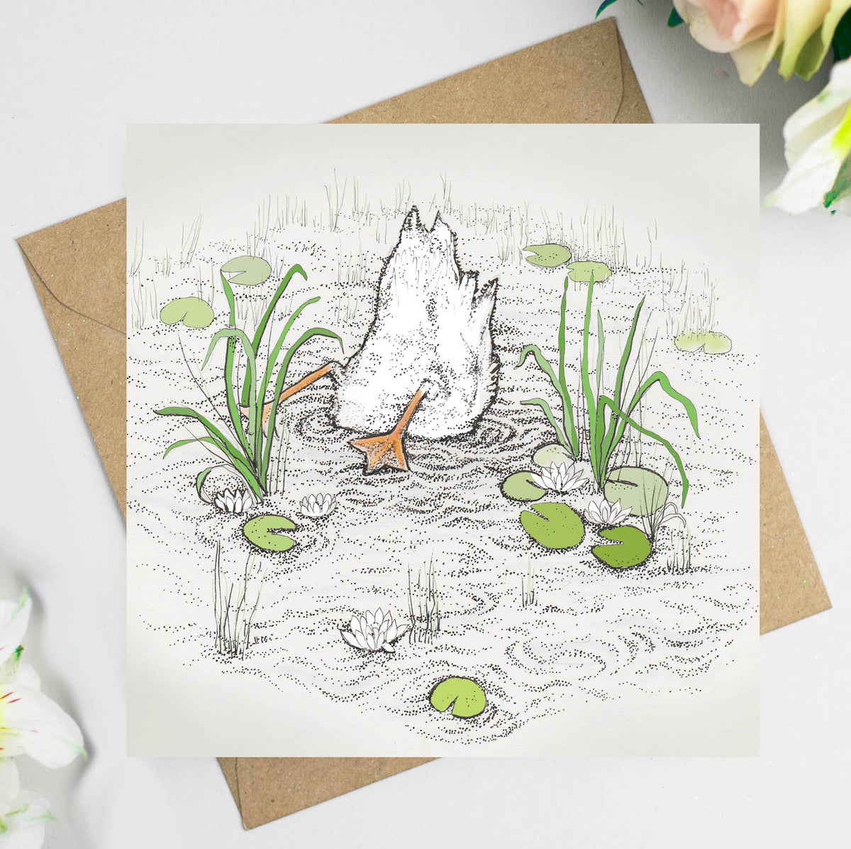 Tails Up Duck Pond Hand Drawn Bird Art Blank Greeting Card