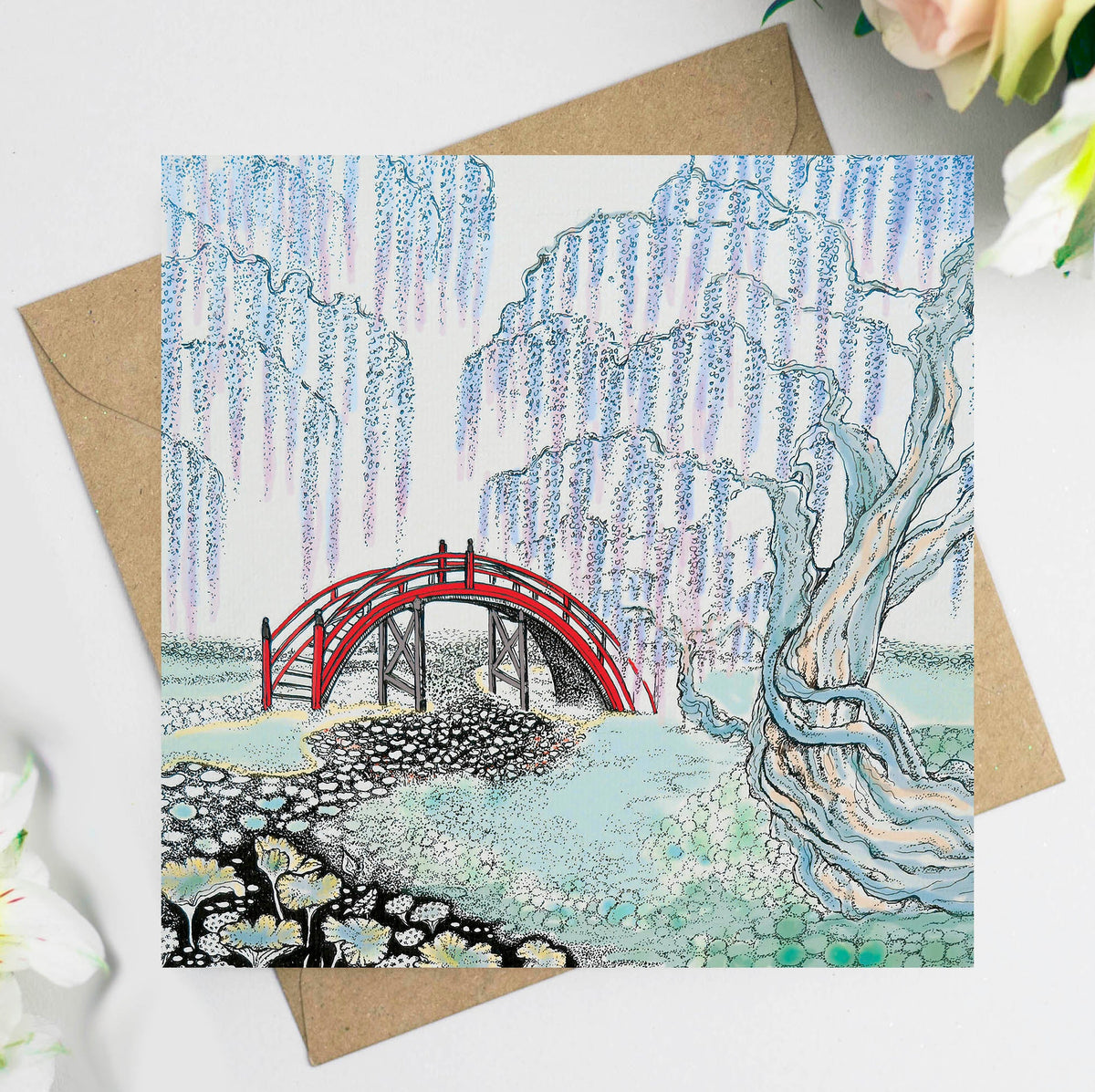 Wisteria Hand Drawn Bridge Nature Blank Greeting Card