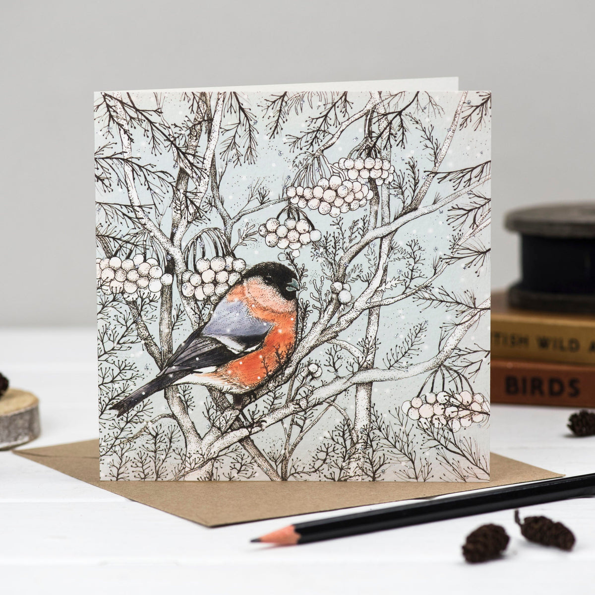 Bullfinch Hand Drawn Bird Art Blank Christmas Greeting Card