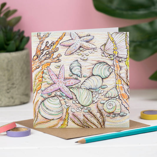 Seashells Starfish Hand Drawn Art Blank Sea Greeting Card