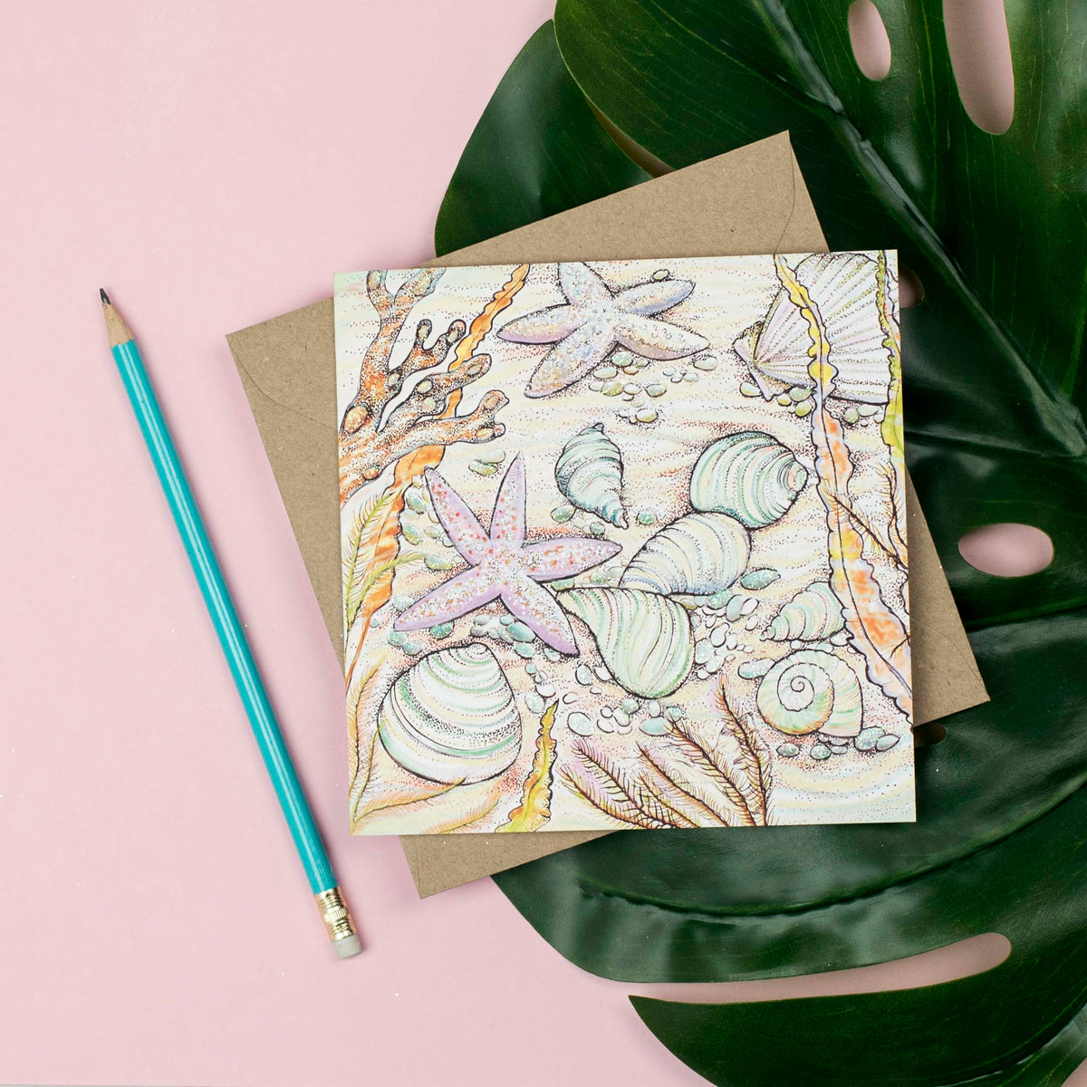 Seashells Starfish Hand Drawn Art Blank Sea Greeting Card