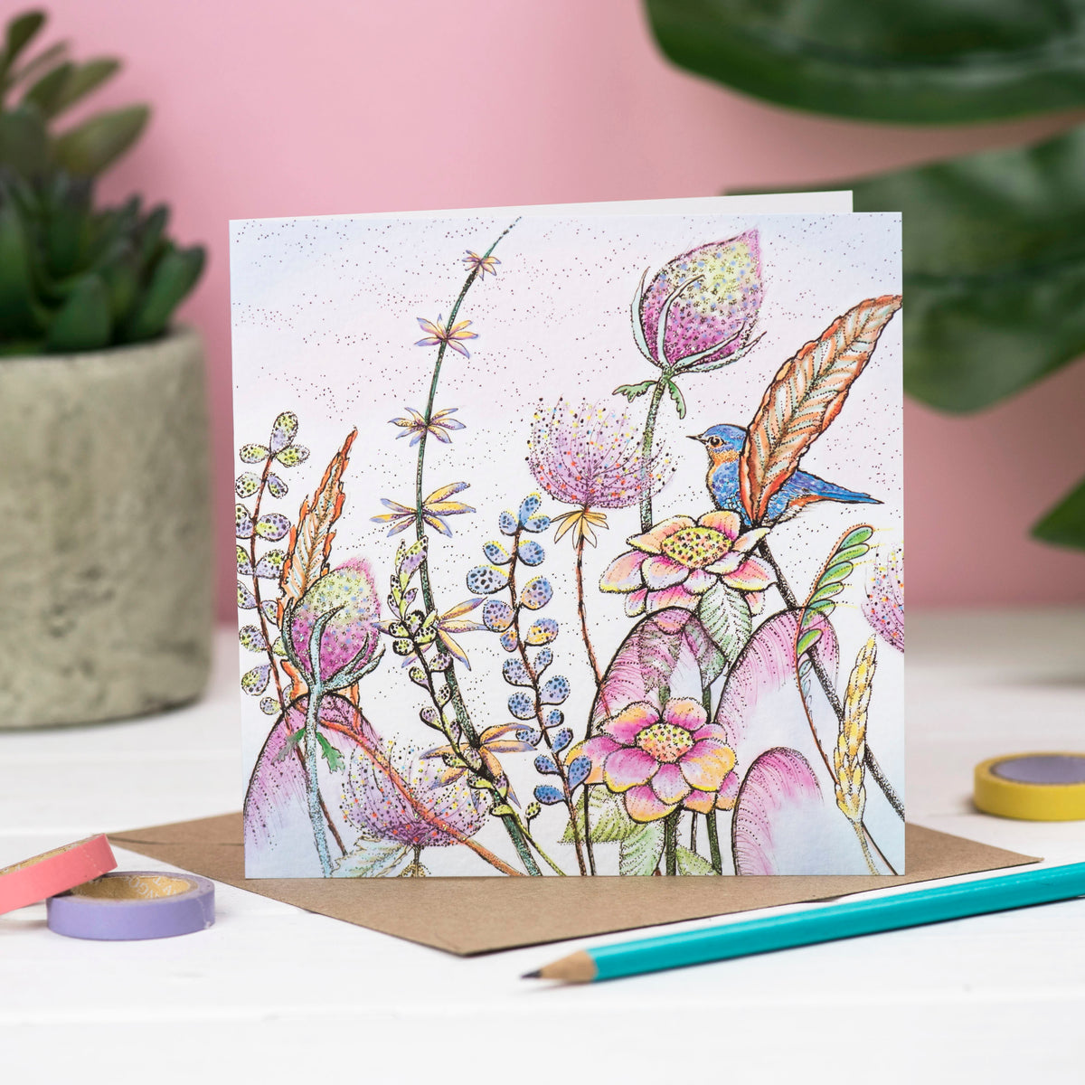 Bluebird Hand Drawn Wildlife Floral Art Blank Greeting Card