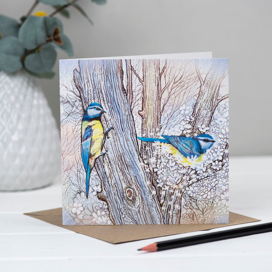 Blue Tits Tree Hand Drawn Wildlife Art Blank Greeting Card