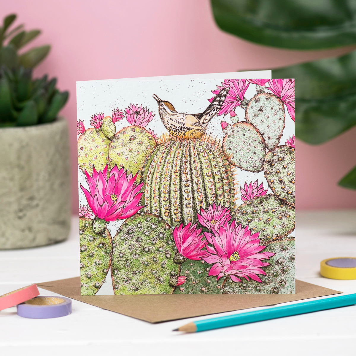 Cactus Wren Hand Drawn Art Bird Blank Greeting Card