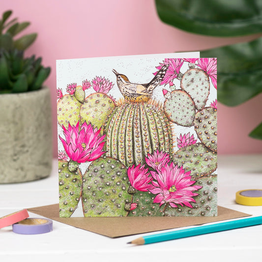 Cactus Wren Hand Drawn Art Bird Blank Greeting Card