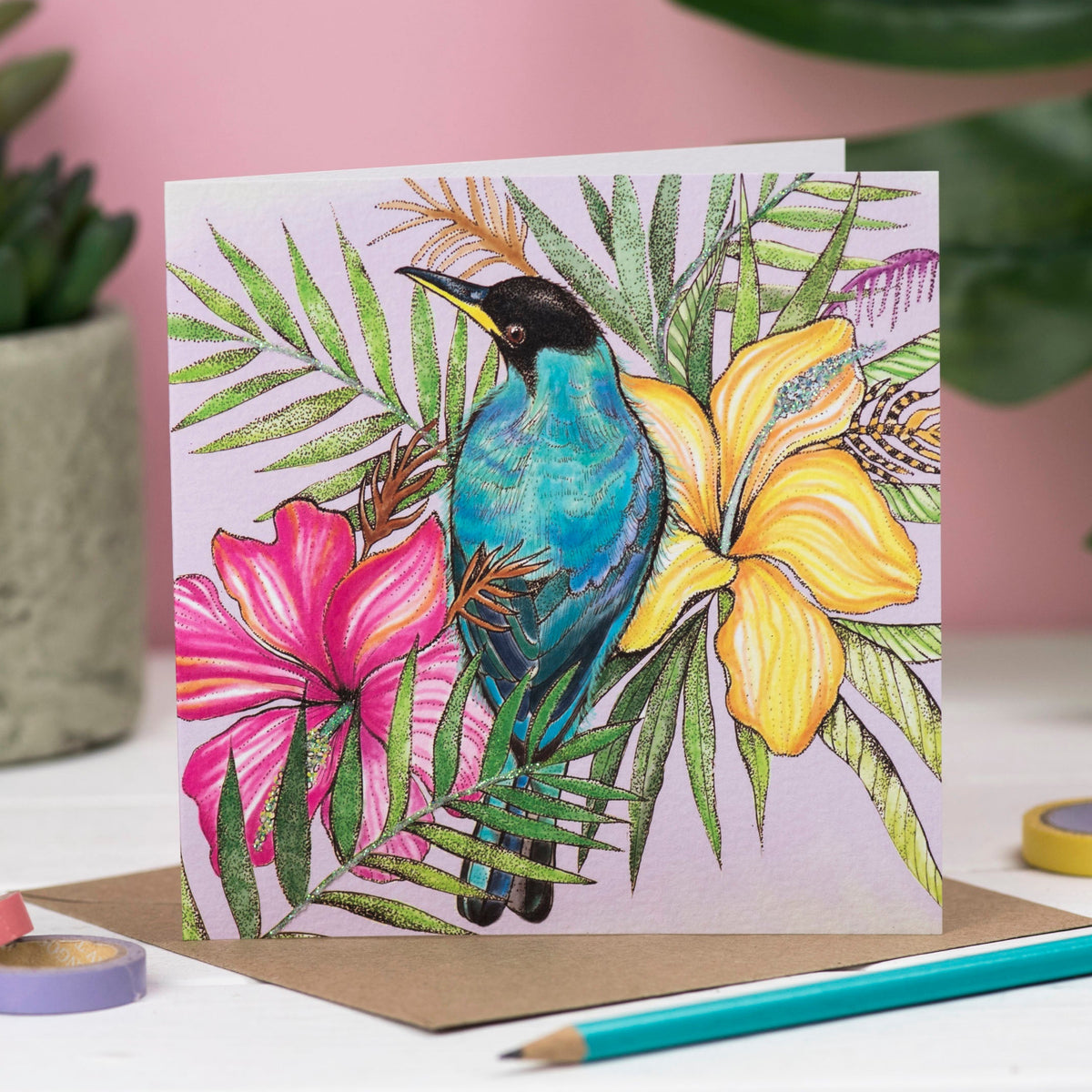 Honey Creeper Bird Hand Drawn Art Blank Tropic Greeting Card
