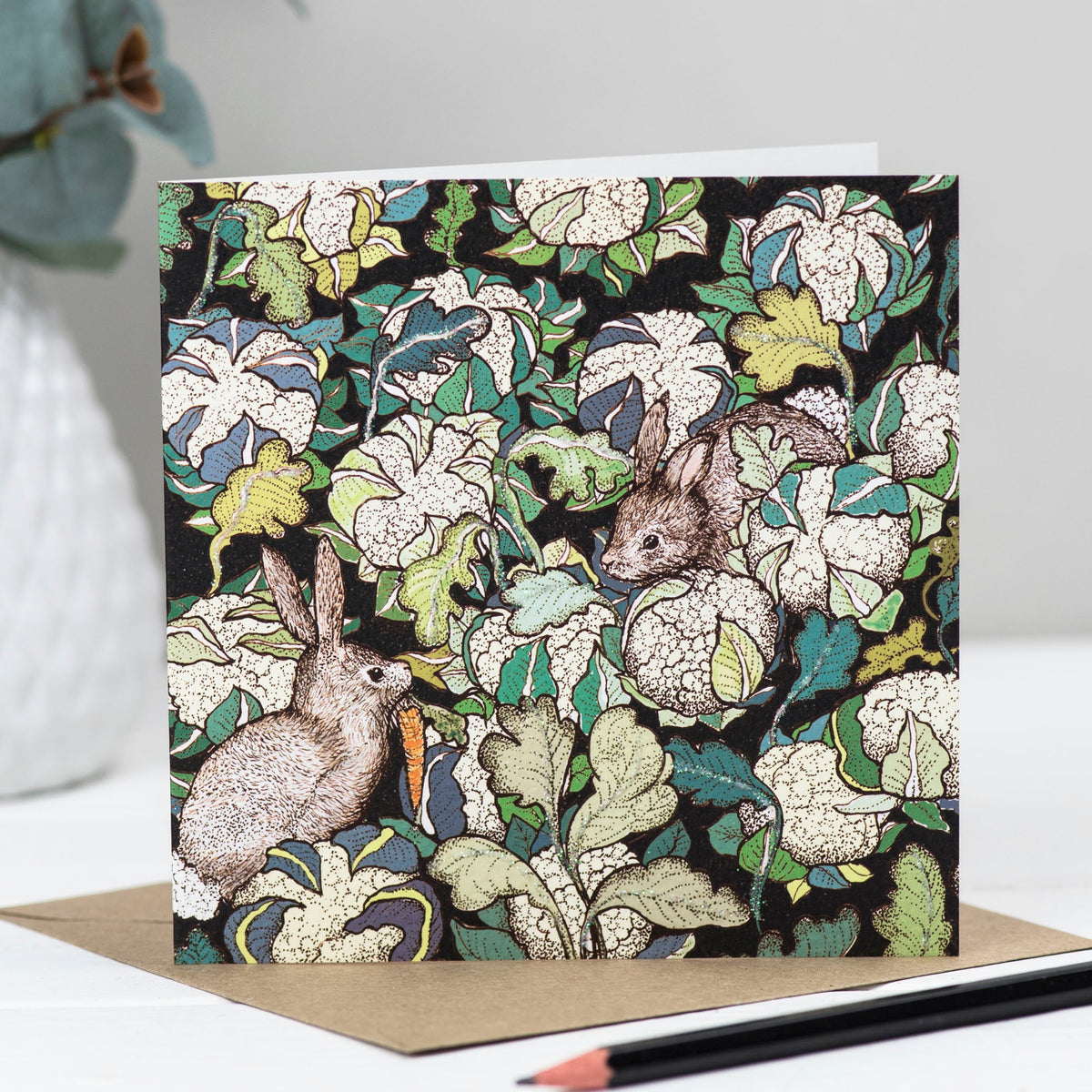Rabbit Cauliflower Hand Drawn Easter Blank Art Greeting Card