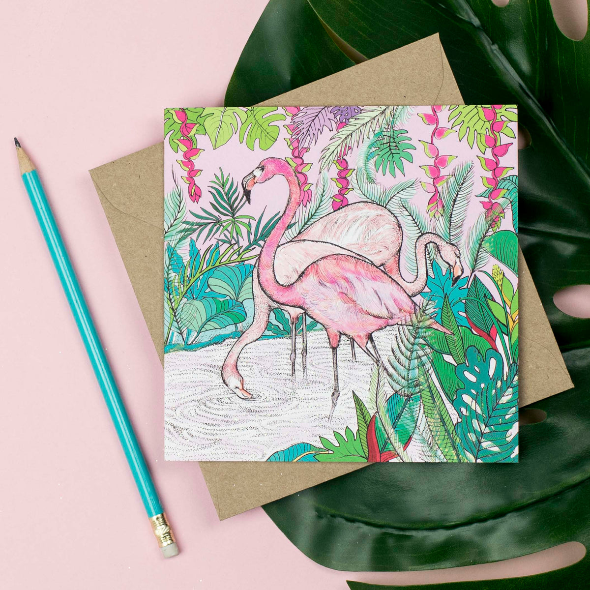 Flamingos Hand Drawn Art Blank Bird Jungle Greeting Card