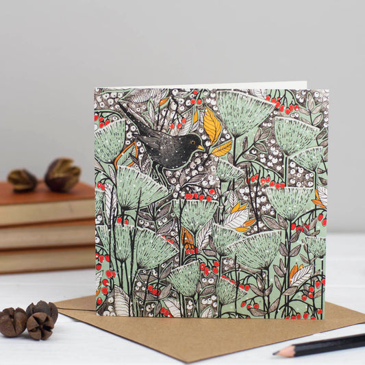 Snowy Blackbird Hand Drawn Blank Christmas Greeting Card
