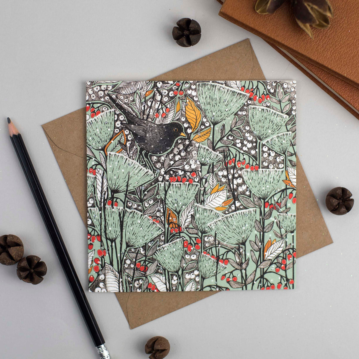 Snowy Blackbird Hand Drawn Blank Christmas Greeting Card