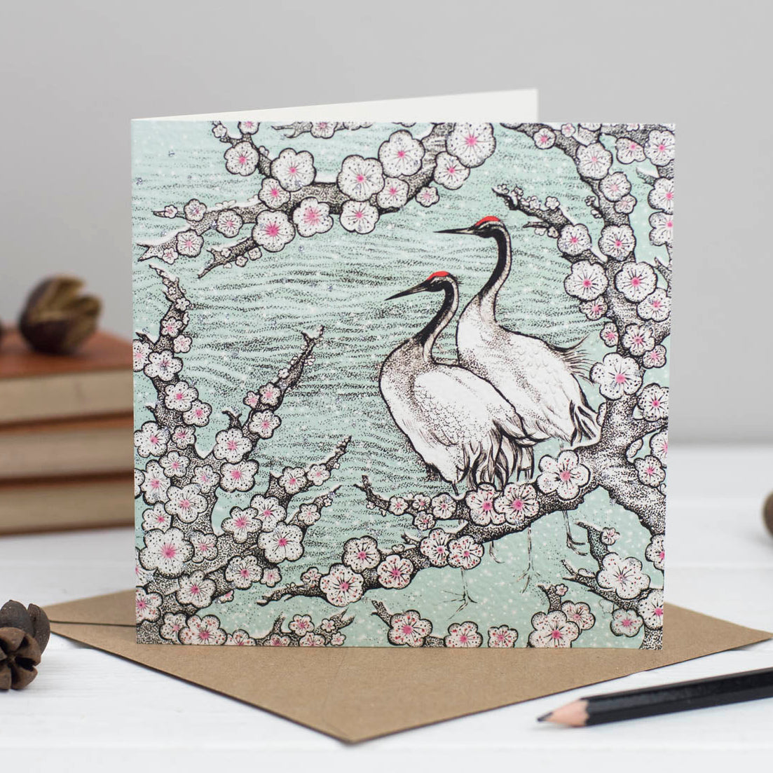 Cranes Couple Hand Drawn Floral Art Blank Bird Greeting Card