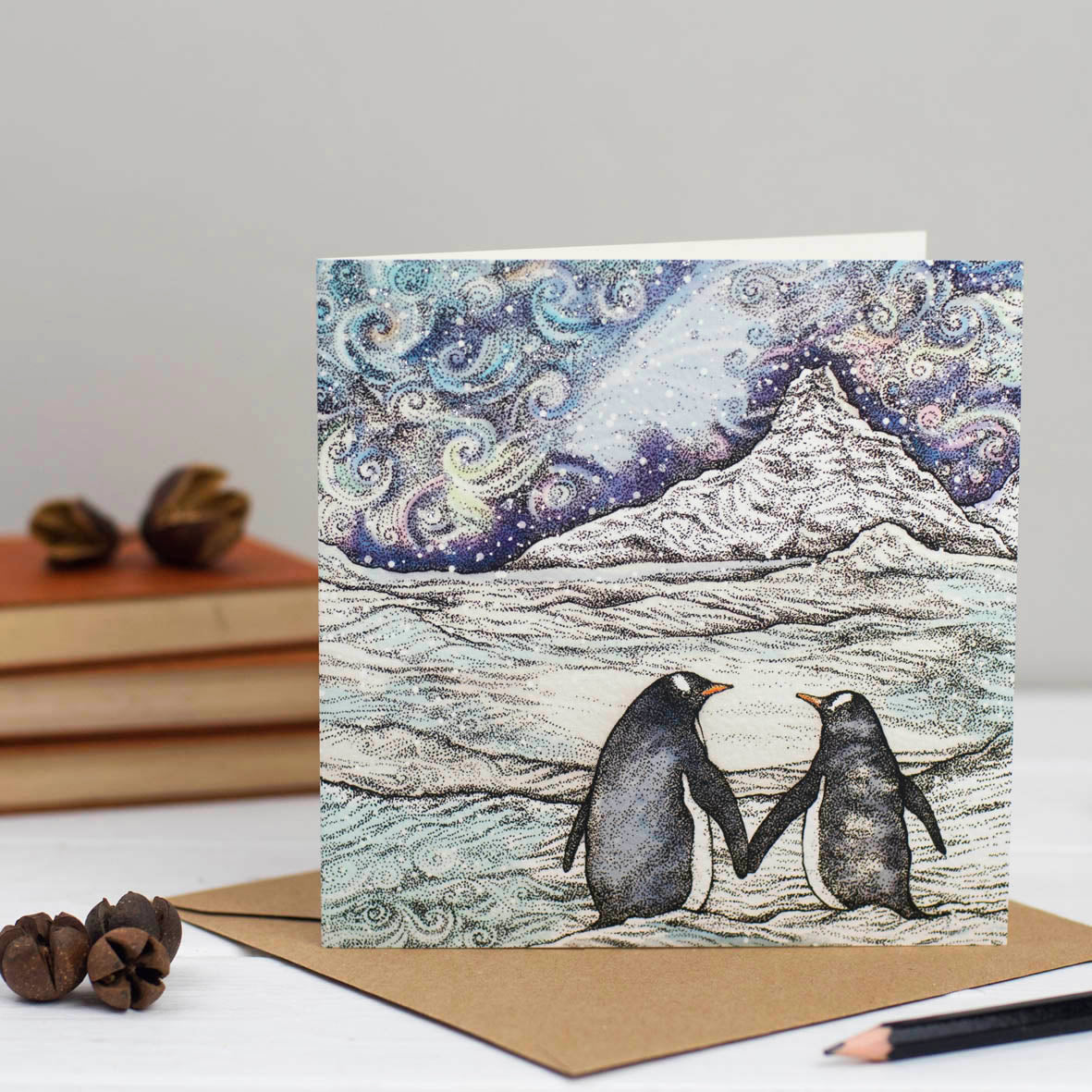Penguin Couple Hand Drawn Art Blank Bird Greeting Card