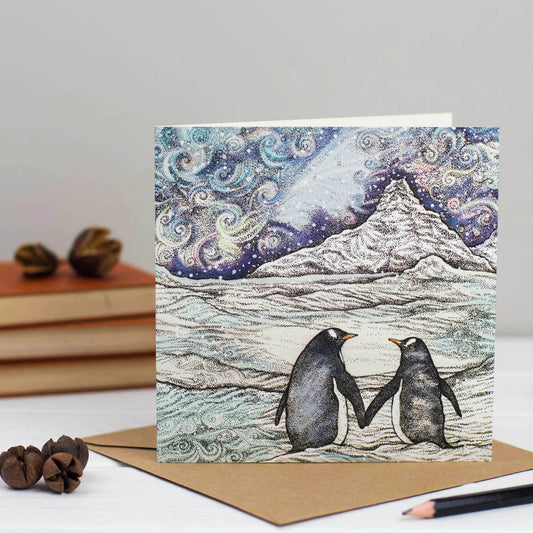 Penguin Couple Hand Drawn Art Blank Bird Greeting Card