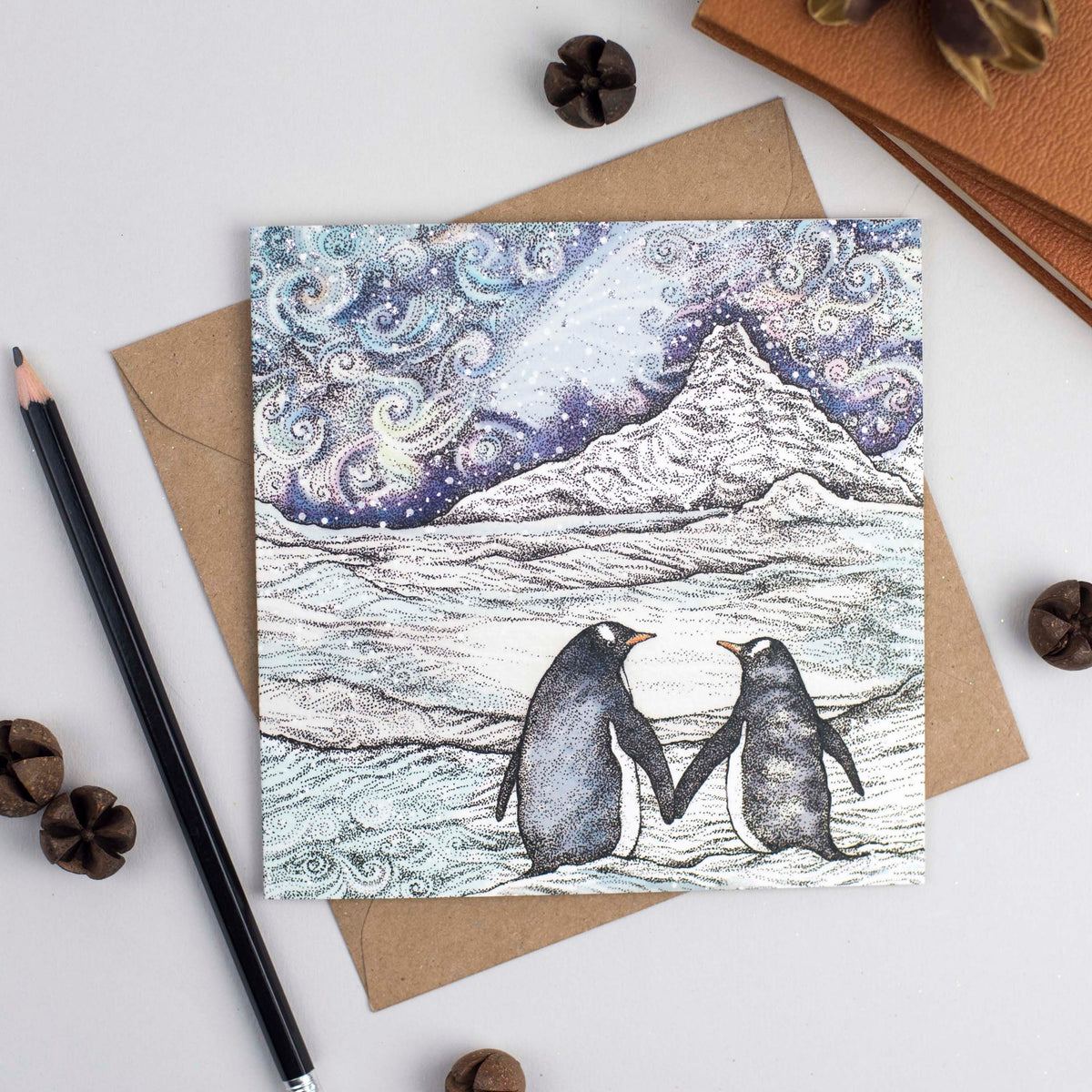 Penguin Couple Hand Drawn Art Blank Bird Greeting Card