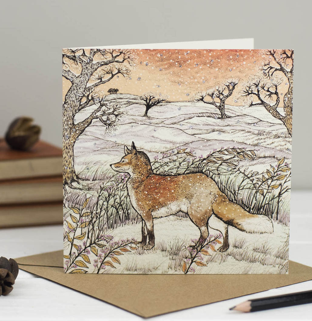Fox in Fields Hand Drawn Art Christmas Blank Greeting Card