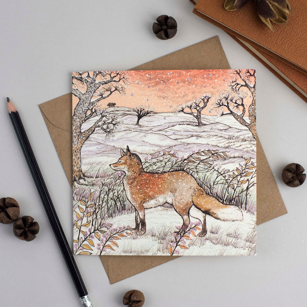 Fox in Fields Hand Drawn Art Christmas Blank Greeting Card