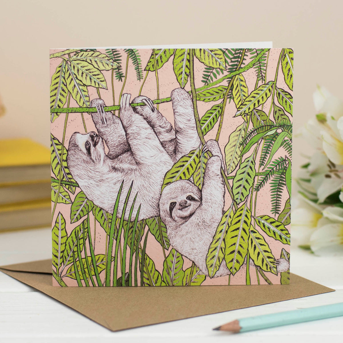 Sloths Couple Jungle Hand Drawn Art Blank Greeting Card