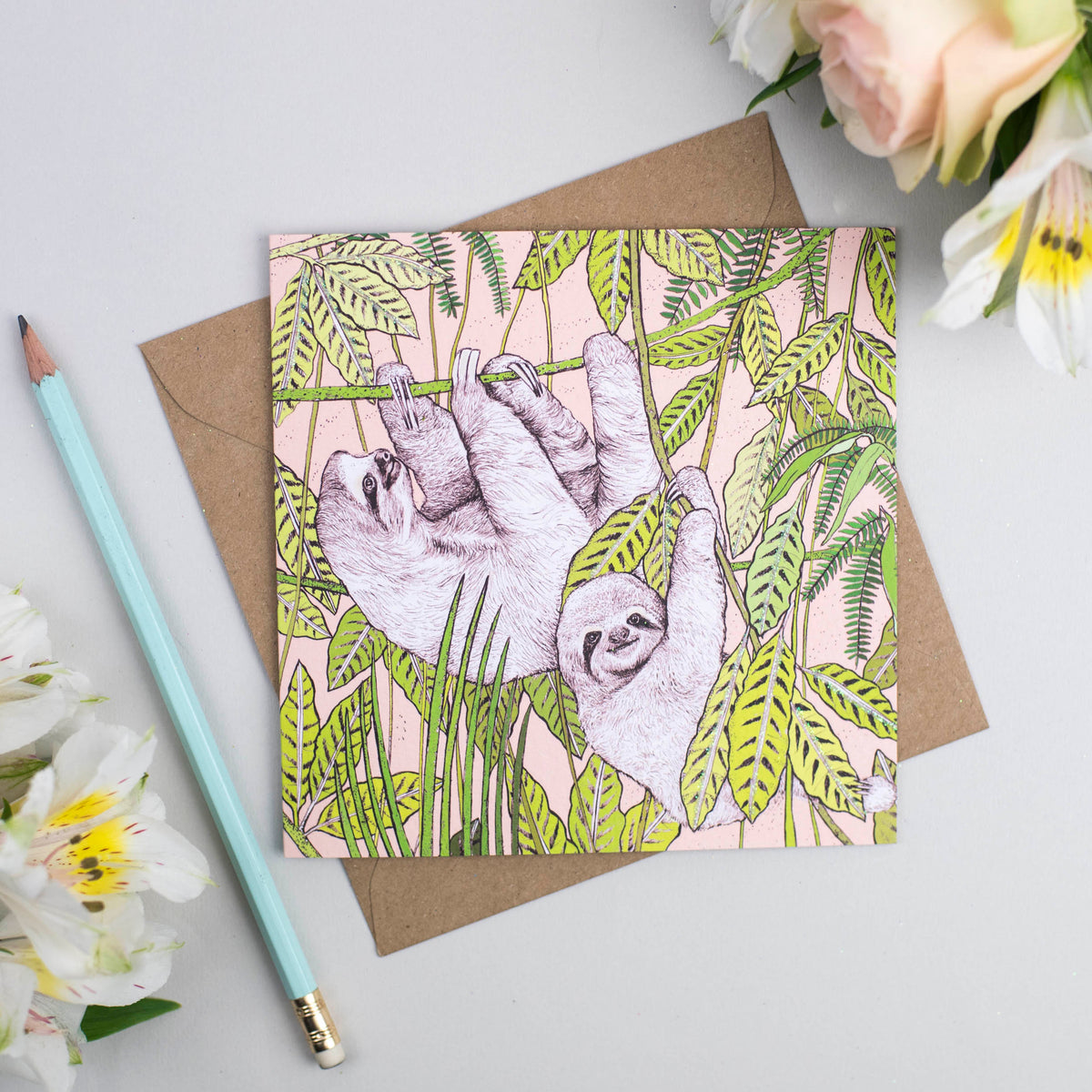 Sloths Couple Jungle Hand Drawn Art Blank Greeting Card