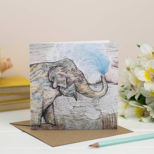 Splashing Elephant Hand Drawn Zoo Safari Blank Greeting Card