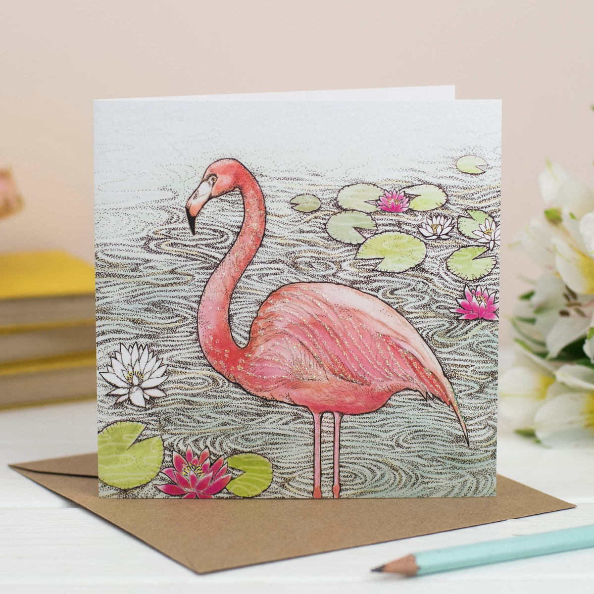 Flamingo Lily Pads Hand Drawn Art Blank Bird Greeting Card