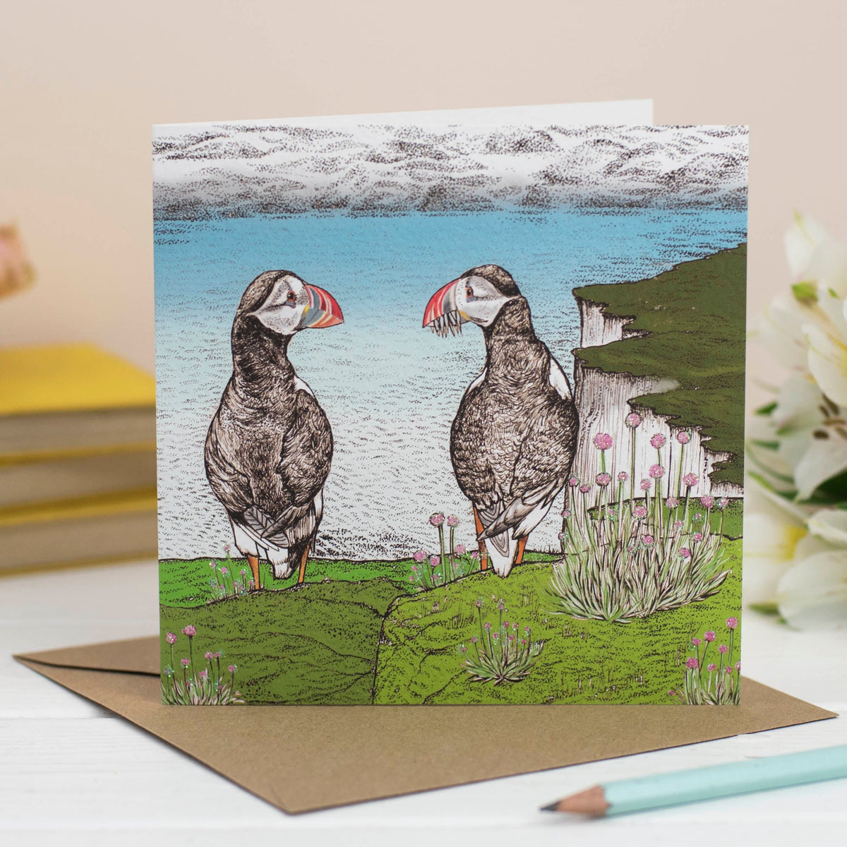 Puffins Hand Drawn Art Blank Wildlife Greeting Card