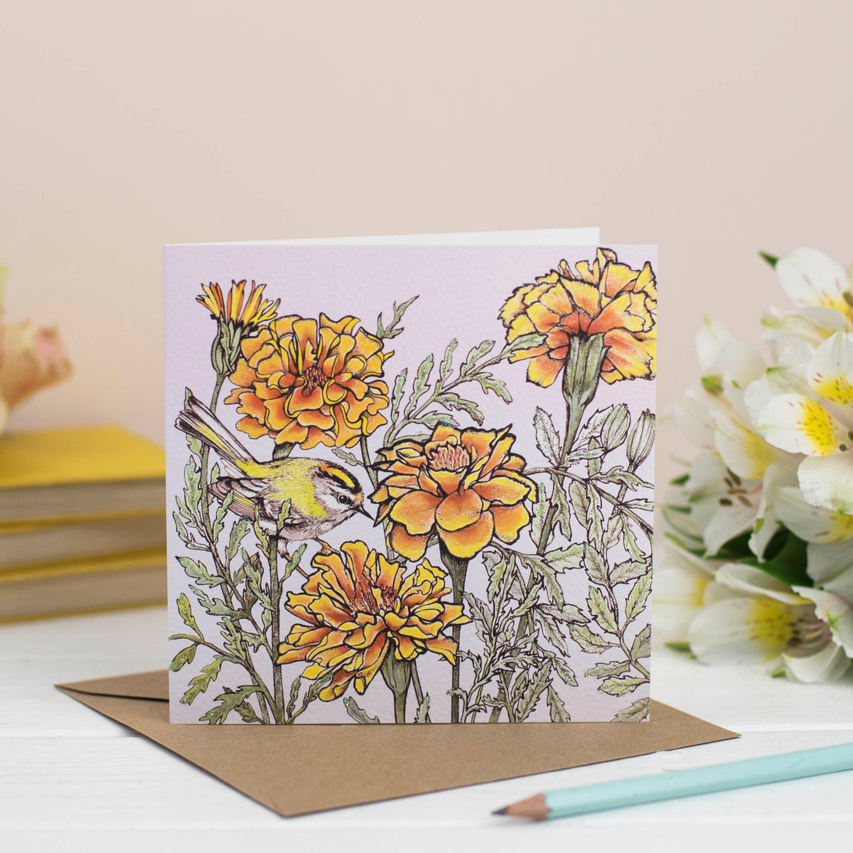 Firecrest Marigolds Hand Drawn Floral Blank Greeting Card