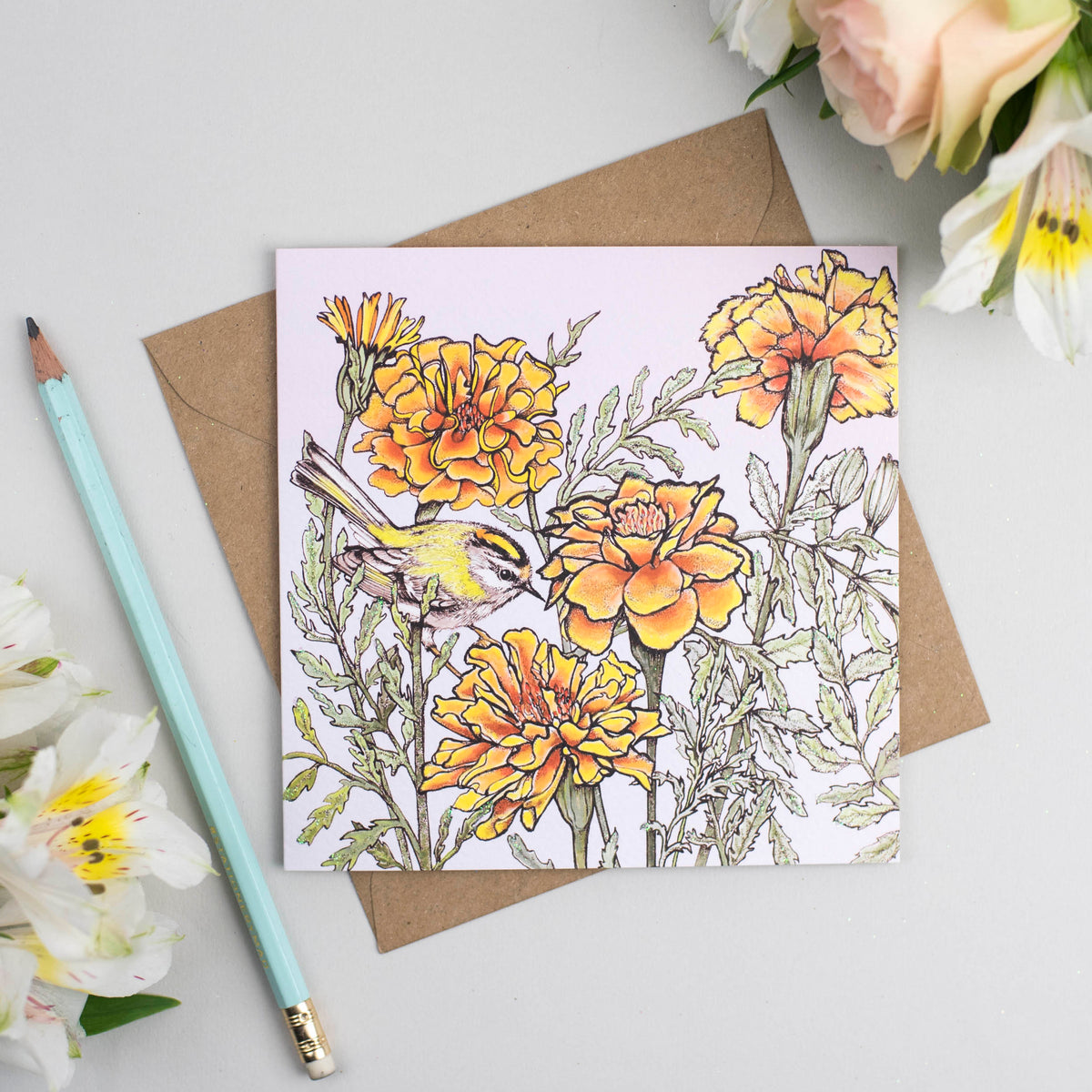 Firecrest Marigolds Hand Drawn Floral Blank Greeting Card