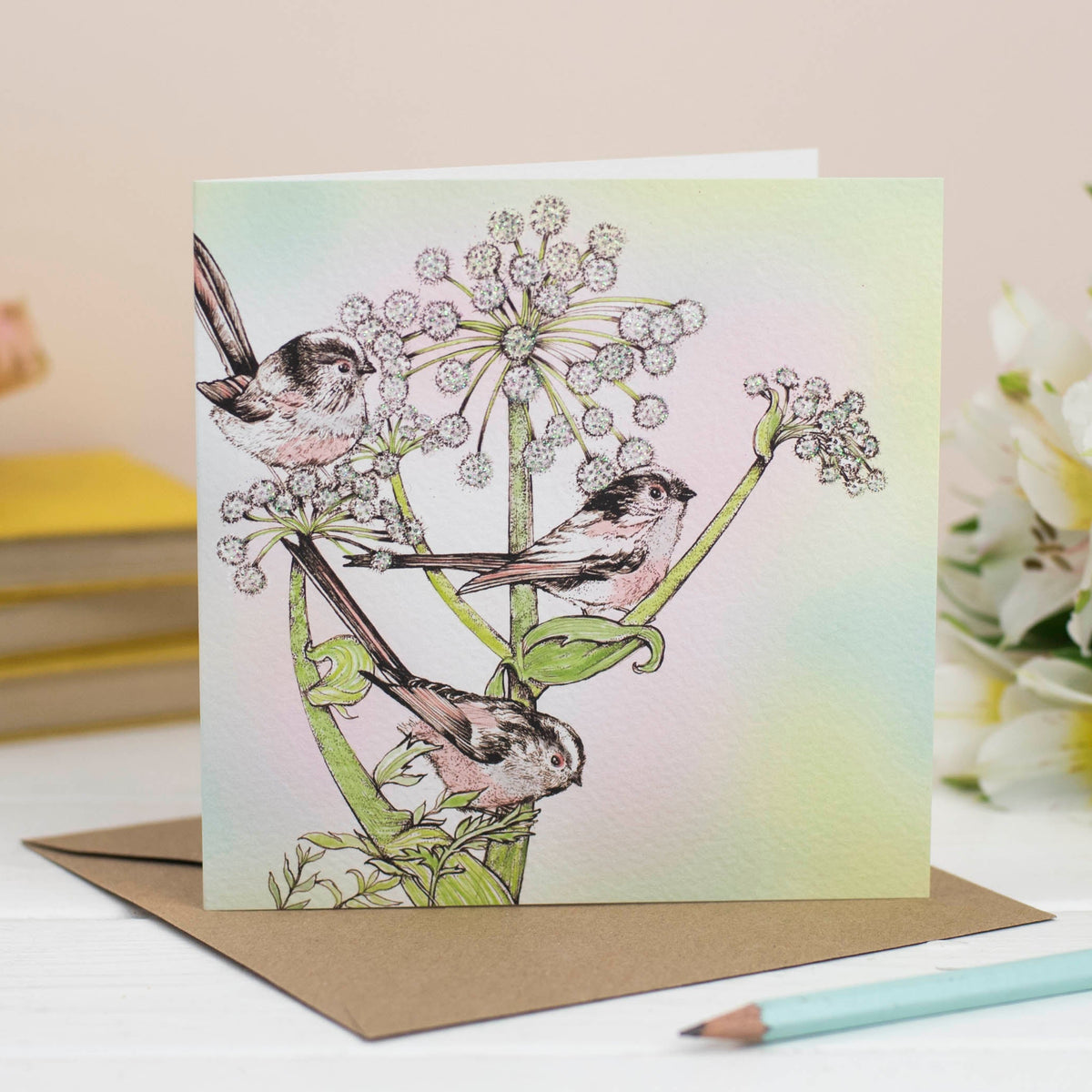 Long Tailed Tits Angelica Hand Drawn Art Blank Greeting Card