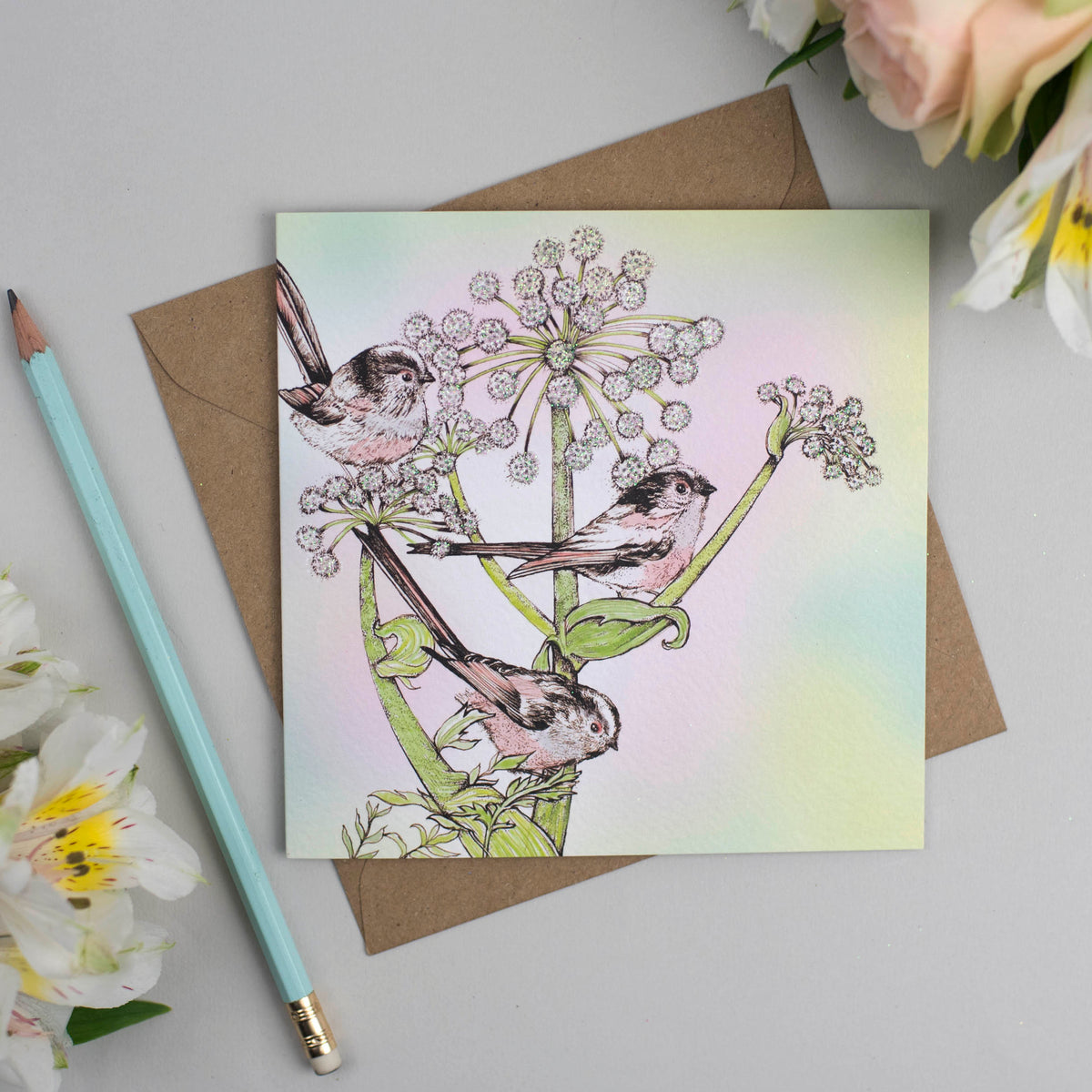 Long Tailed Tits Angelica Hand Drawn Art Blank Greeting Card