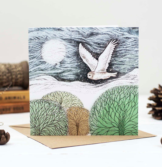 Snowy Owl Moon and Forest Hand Drawn Christmas Greeting Card