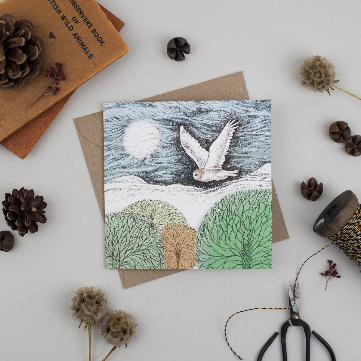 Snowy Owl Moon and Forest Hand Drawn Christmas Greeting Card